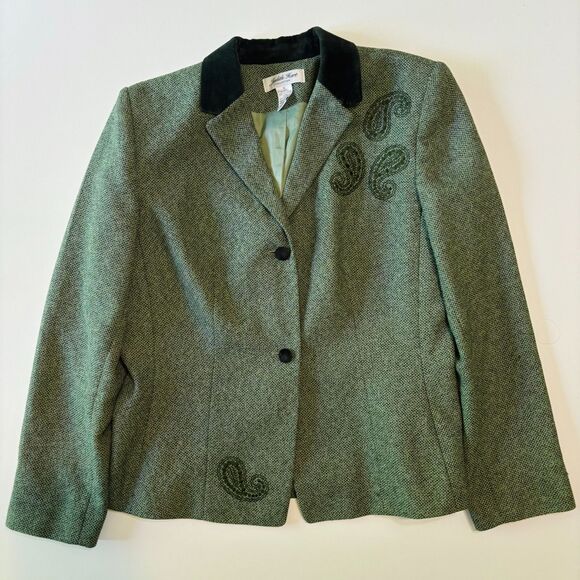 Vintage Judith Hart Blazer Womens 12 Green Paisley Embroidered Tweed 90s Jacket - Picture 6 of 16
